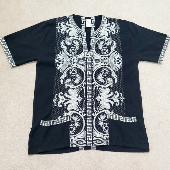 Giras Black White Embroidered Tunic Top Greek Style 50/50 Cotton Viscose Size L - Picture 6 of 10